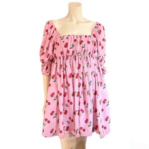 New pink cherry puff mini dress Size Small